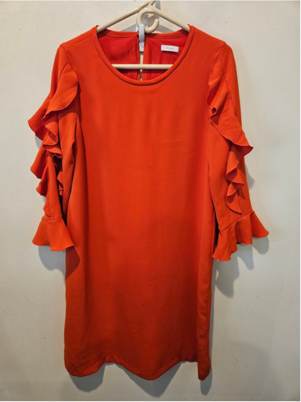 Women's RIANI Orange-Red Ruffle Sleeve Knee Length Dress Size 10